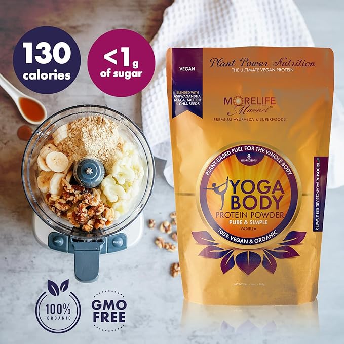 Yoga Body Protein Powder | 100% Vegan &amp Organic | Vanilla Flavor | Pea Hemp Chia | Plant Based Fuel | Meal Replacement | Ayurvedic-Friendly (1 lb)