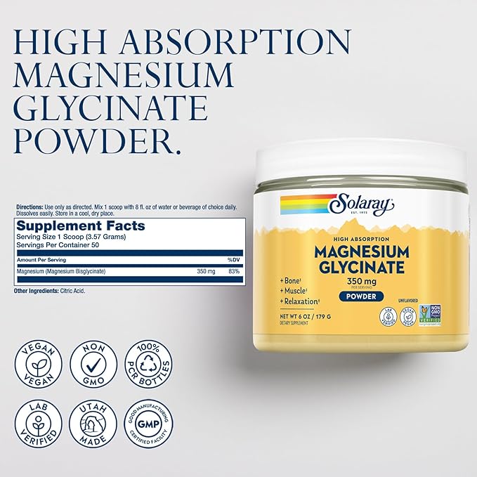 SOLARAY Magnesium Glycinate Powder 350mg and High Energy Multivitamin Bundle - Chelated Magnesium and Once Daily Multi - Bone Health Muscle Heart and Immune Support 60-Day Guarantee 6oz/60ct
