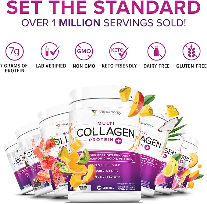Multi Collagen Peptides Powder for Women - Hydrolyzed Flavored Collagen Powder for Women with Types I II III V &amp X Vitamin C &amp Hyaluronic Acid for Hair Skin and Nails (Pink Lemonade) - 30 Serv