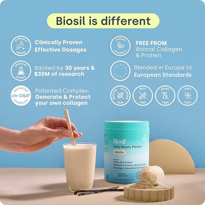 Biosil Daily Beauty Protein Vanilla - 17 oz - Vegan Protein + Collagen Powder for Strength Recovery Skin Hair Nails &amp Joints - Patented ch-OSA Generates Natural Production - 15 Servings