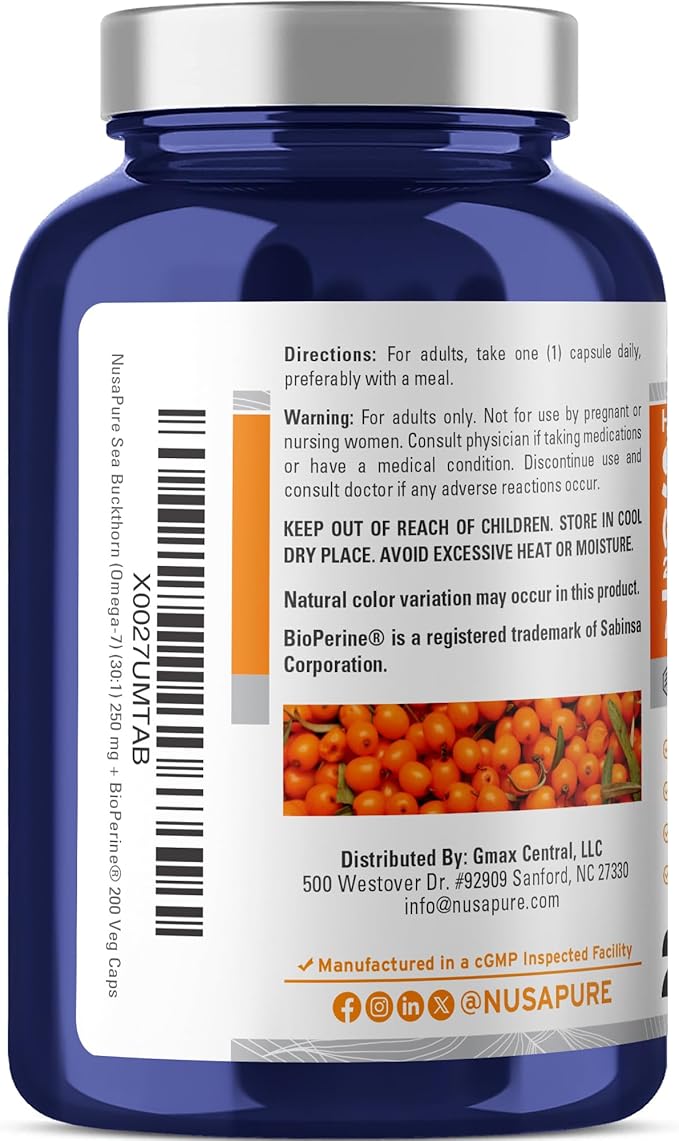 NusaPure Sea Buckthorn Omega-7 30:1 Extract 250 mg Equivalent to 7500mg per Veggie Caps - 200 Capsules - Non-GMO &amp Vegan