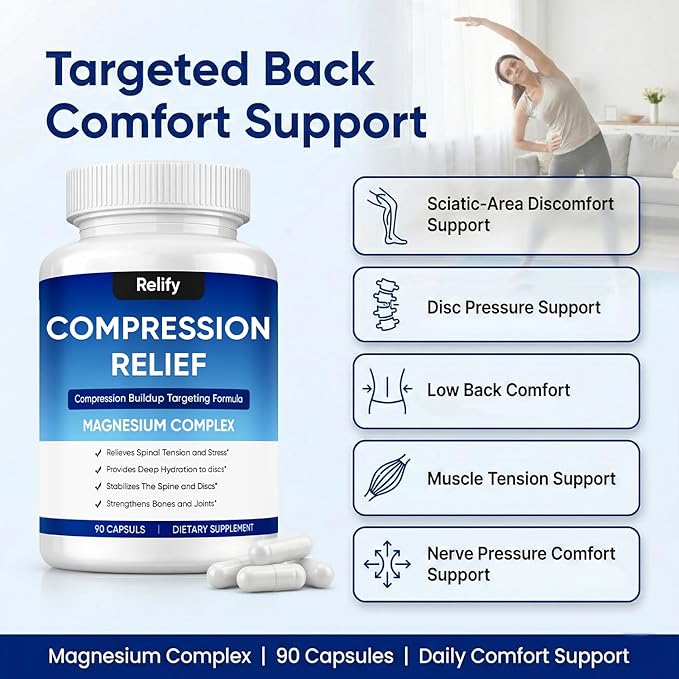 Relify Compression Relief Capsules with 1000mg Magnesium Complex for Women &amp Men Support Back Spine &amp Discs Reduces Pressure Non-GMO 90 Capsules