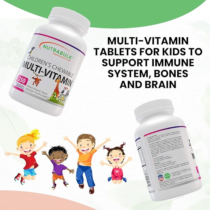 NutraBulk Children’s Chewable Multi-Vitamins - Promoting Kids' Overall Development - USA-Made May Help to Support Immune Bone Brain &amp Overall Well Being- Vegan &amp Gluten Free - 250 Cherry Ta