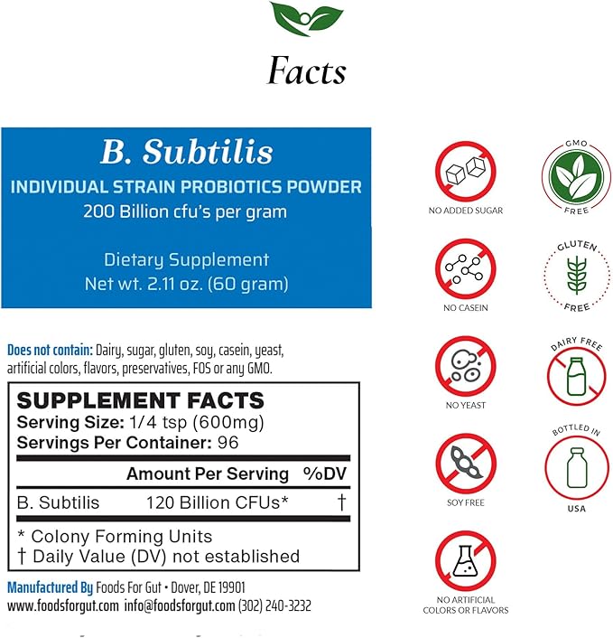 Foods For Gut Bacillus Subtilis Probiotic Powder 200 Billion cfu's | No Additives | Direct from Manufacturer | No Third-Party Storage | Digestive &amp Immune Support | B. Subtilis | 60 Gram (2.11 Oz)