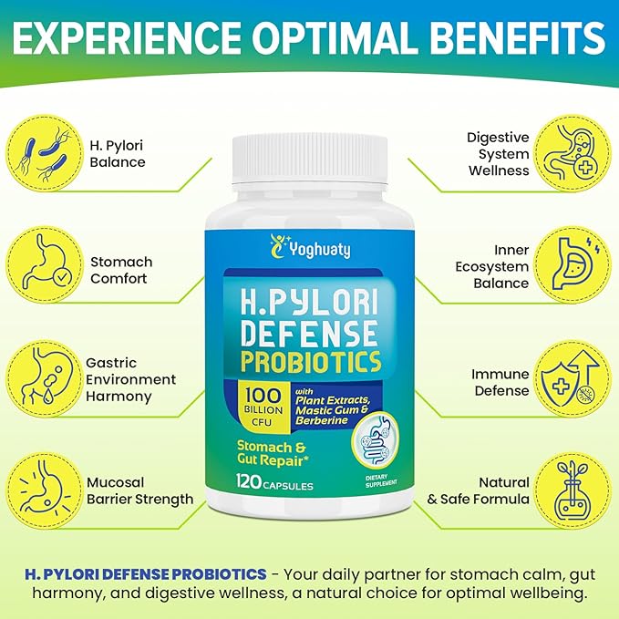 H. Pylori Defense Probiotics 100 Billion CFU - Lactobacillus Reuteri Mastic Gum Berberine Zinc Carnosine Green Tea for Digestive &amp Gut Health Stomach Comfort Vegan 120 Capsules