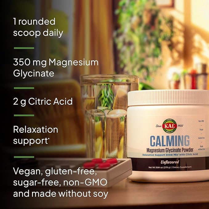 KAL Calming Magnesium Glycinate Powder Plus Citric Acid - Unflavored - Nervous System Bone and Relaxation Support Drink Mix - No Sugar - 60-Day Guarantee 40 Servings 8.5 OZ