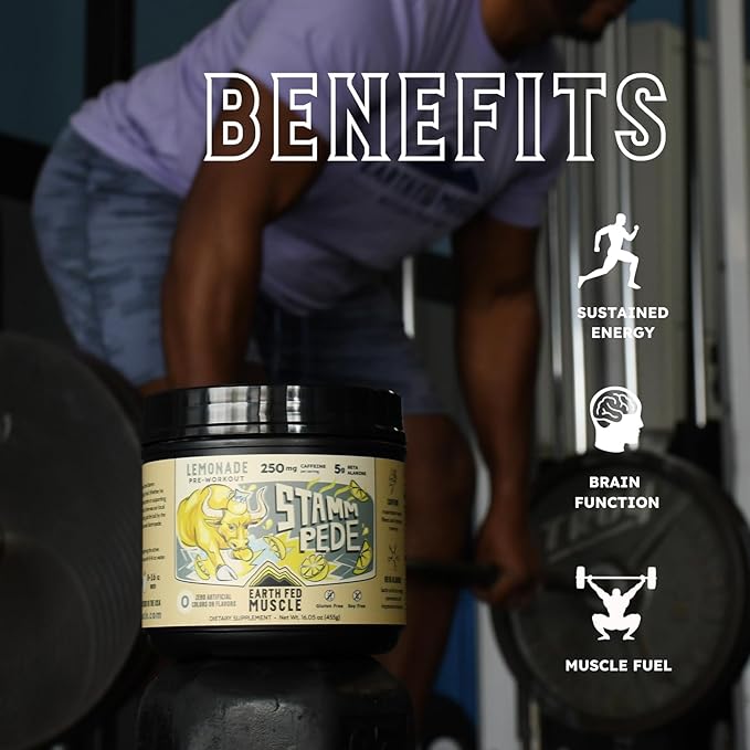 Earth Fed Muscle Stammpede Pre Workout Powder Lemonade Flavor 250mg Caffeine Powder 5g Beta Alanine Citrulline Taurine &amp Tyrosine Gluten &amp Sugar Free Pre Workout Keto Friendly 26 Servi