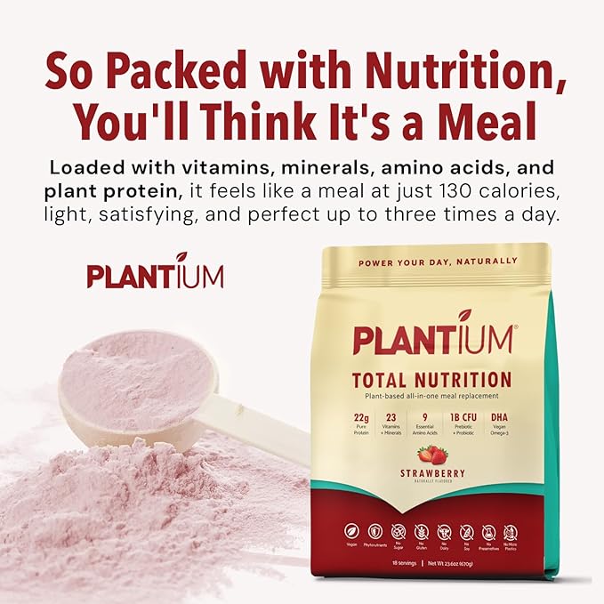 Plantium Total Nutrition Premium All-in-One Meal Replacement Shake Plant-Based Protein Powder with Vitamins Minerals &amp Probiotics 22g Protein per Serving Strawberry