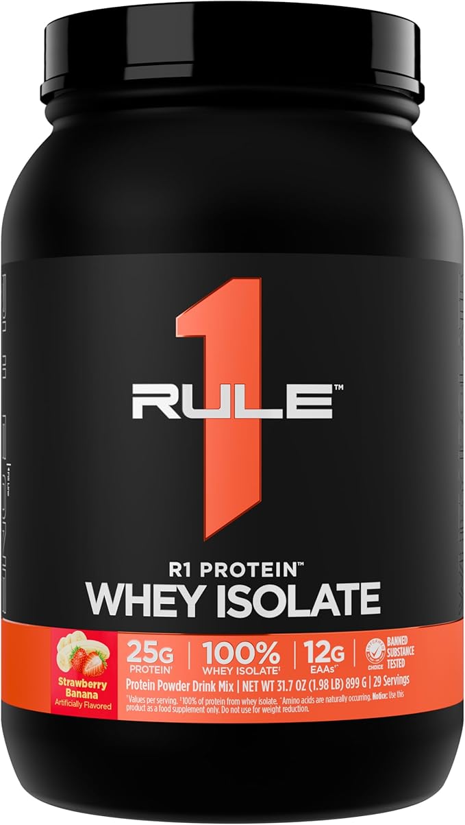 Rule 1 R1 Protein Whey Isolate - with 25g Protein &amp 6g BCAA Exclusively from Isolated &amp Hydrolyzed Sources for Workout Recovery (2 Pounds* Strawberry Banana)