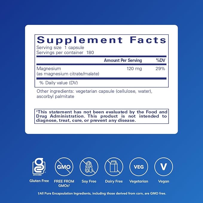 Pure Encapsulations Magnesium (Citrate/Malate) - Magnesium Supplement to Support Nutrient Utilization Energy Bones &amp Heart Health* - with Magnesium Citrate &amp Malate - 180 Capsules