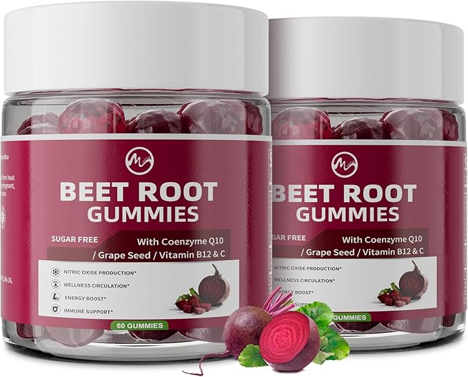 M inch Beet Root Gummies Blood* Pressure Support &amp Nitric Oxide Booster 8-in-1 Wellness Formula with Grape Seed Coq10 Folic Acid Vitamin C B3 &amp B12 Sugar Free Vegan Pomegranate Flavor