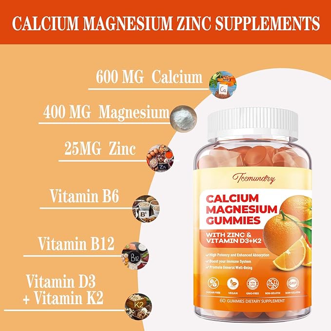 Calcium Magnesium Zinc Gummies with Vitamin D3 &amp K2 - High Absorption Magnesium Glycinate 400mg - Sugar Free Calcium Supplement - Support Nerve Muscle Mood &amp Immunity - for Adults Men Women Ki