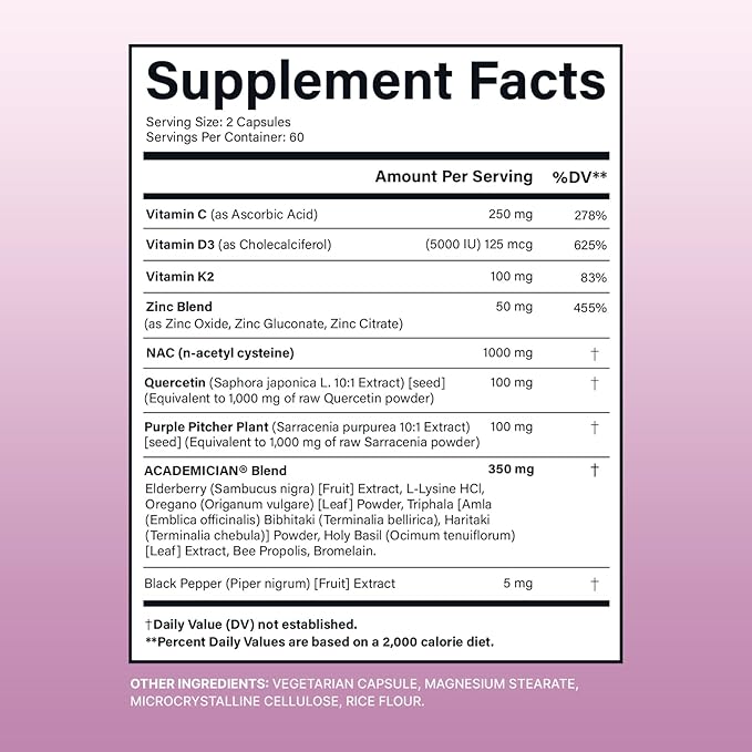Quercetin 500mg Capsules with Zinc Capsules Vitamin d3 K2 Nac Supplement - 120 Count
