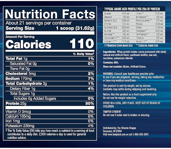BodyTech Whey Protein Isolate Powder - 25g Protein per Serving with BCAAs - Fast-Absorbing for Muscle Growth &amp Recovery - Rich Chocolate (1.5 lb 21 Servings)