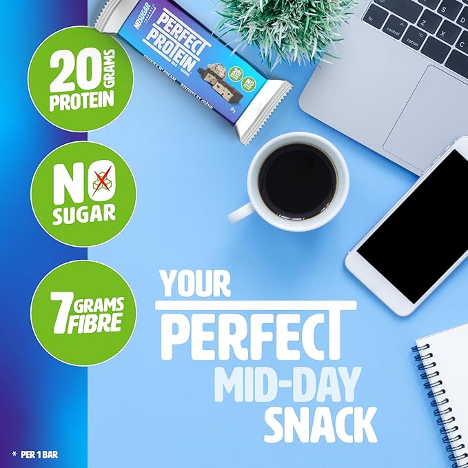 No Sugar Perfect Protein Bar - Cookies &amp Cream Flavor | 20g High Protein Zero Sugar Diabetic-Friendly High Fiber Keto-Friendly Low Calorie Nutrient Rich Healthy Snack | 14 Bars (55g)