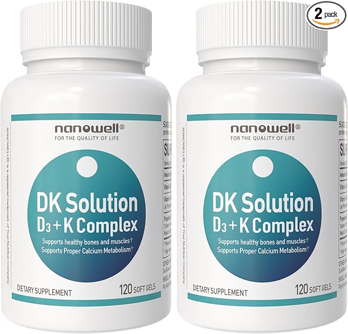 NANOWELL DK Solution 120 Softgels X 2 Bottles (Vitamin D3 + K Complex) - Dietary Supplement for Bone Teeth and Muscle Health Immune Support (240 Count)