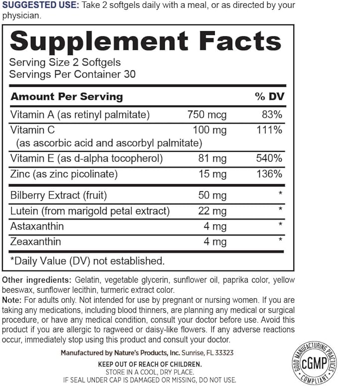 Lutein &amp Zeaxanthin Multivitamin Supplement - with Vitamin C Vitamin A Zinc &amp Bilberry - 60 Softgels