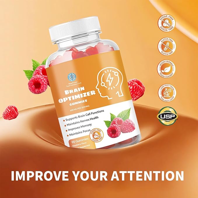 Gummies - Brain Supplement for Memory Focus &amp Attention - Cognitive Support with Magnesium Omega 3 Ashwagandha - 90 Count Raspberry Flavor