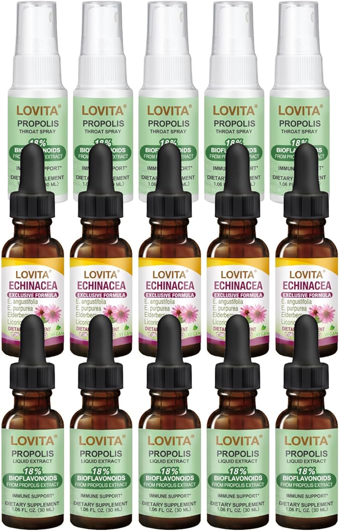 LOVITA 15-Piece Stock Up Bundle - 5 Propolis Drops 5 Sprays &amp 5 Echinacea with Elderberry Year-Round Supply (15 Pc)