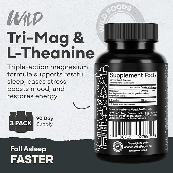 Wild Foods Tri-Mag &amp L-Theanine – Triple Magnesium Complex for Sleep w/L Theanine – Magnesium Glycinate Malate Taurate – 100% Natural – 60 Capsules