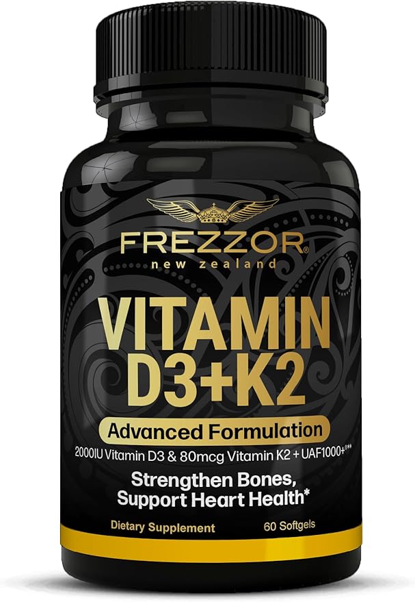 FREZZOR Vitamin D3 and K2 Caps High Potency D3 2000IU and K2 (MK7) 80mcg Unique VIT D3 from 100% New Zealand Sheep's Wool Lanolin. Cardiovascular Support &amp Bone Health 60 Softgels 1 Month Suppl