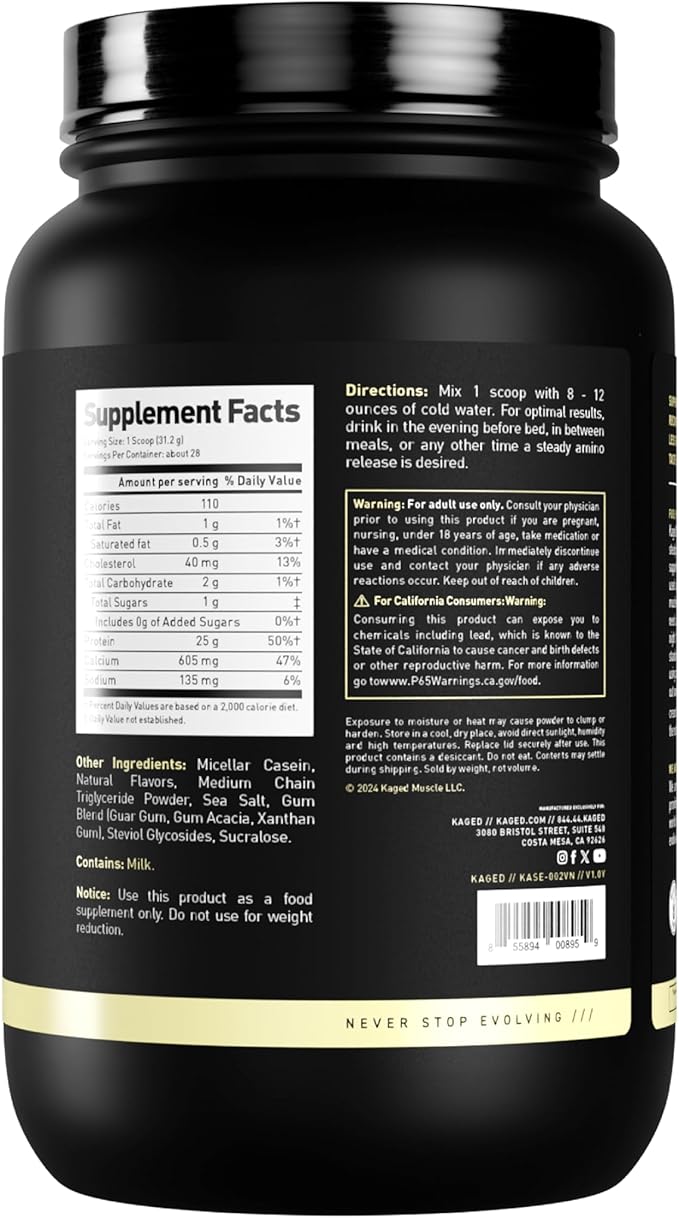 Kaged Premium Casein Protein Powder | Vanilla | Micellar Casein | Banned-Substance Free Supplement Build Muscle Recover Faster | Kasein | 28 Servings