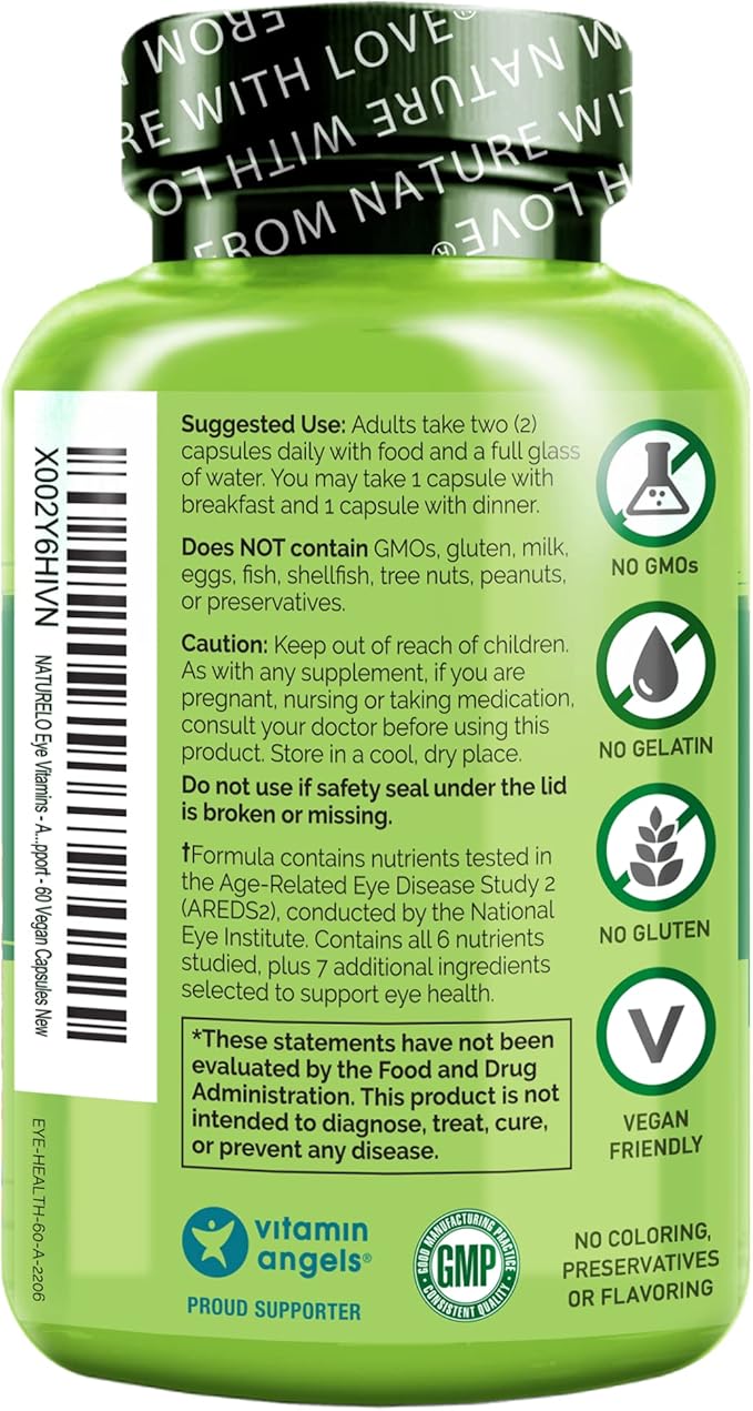 NATURELO Eye Vitamins - AREDS 2 Formula Nutrients with Lutein Zeaxanthin Vitamin C E Zinc Plus DHA - Supplement for Dry Eyes Healthy Vision Eye Support - 60 Vegan Capsules (Pack of 2)