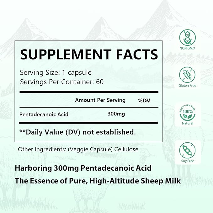 Pentadecanoic Acid Pentadecanoic Acid Formula Supplement Sourced from High-Altitude Sheep Milk 60 Capsules