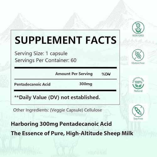 2PCS Pentadecanoic Acid Pentadecanoic Acid Formula Supplement Sourced from High-Altitude Sheep Milk 60 Capsules