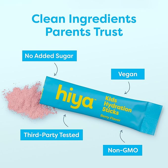 Hiya Kids Hydration with Electrolytes - Zero Added Sugar Berry Flavored Kids Hydration Packets - 15 Sticks - Travel-Friendly Drink Mix for Children Ages 2+