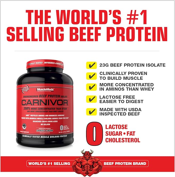 MuscleMeds Carnivor Beef Protein Isolate Powder Cookies &amp Cream 56 Servings 1680 Gram 59.2 Ounce 3.7 Pound
