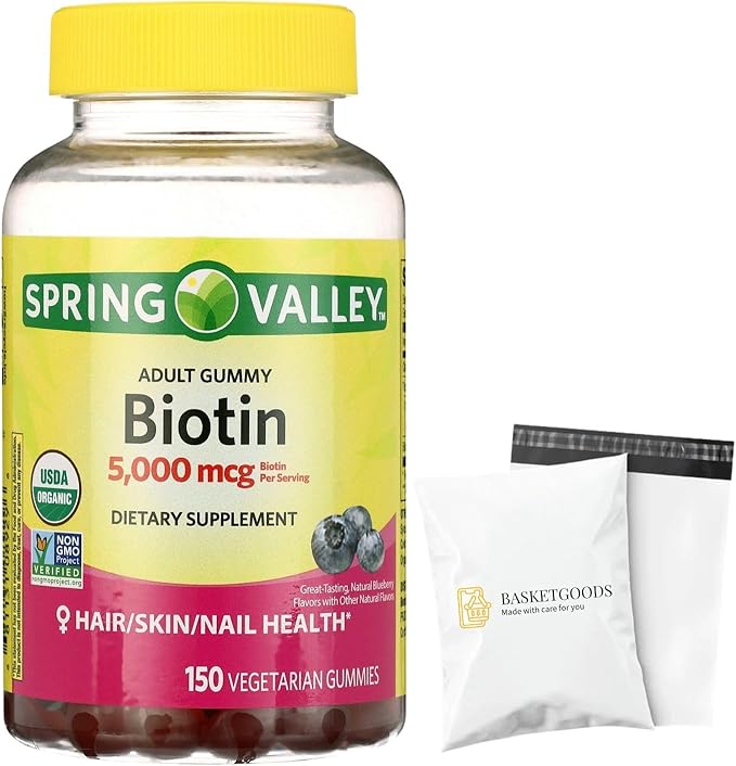 Spring Valley Biotin 5000mcg- Blueberry Flavor Hair Skin and Nails 150 Gummies (Pack of 1) Set by Basket Goods