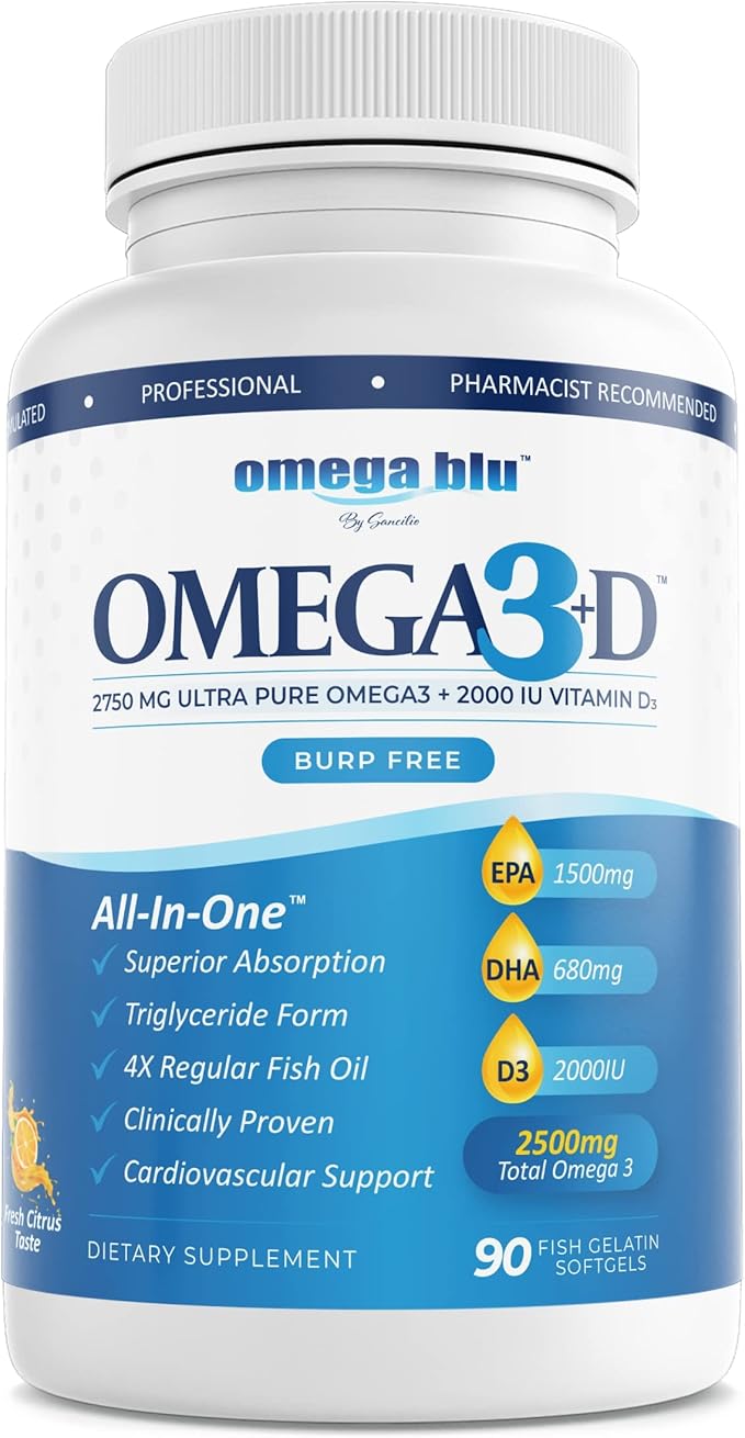 Triple Strength Pharmaceutical Grade Fish Oil 2750mg - Vitamin D3 50mcg - 1500mg EPA - 680mg DHA - Heart - Cholesterol - LDL - HDL - No Burps or Heartburn - High Concentration - 90 Servings