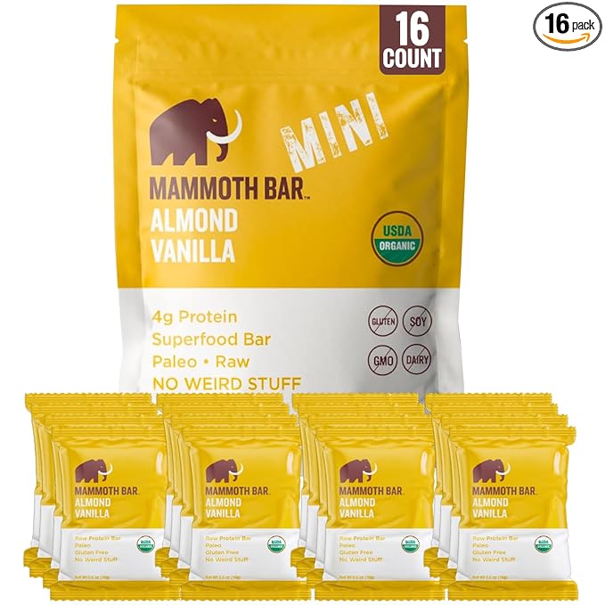 Mammoth Bar Almond Vanilla Mini Bar - Mini Organic Snack Bar Packed with 4g Protein. Made with Premium Almond Dates &amp Egg White Protein. Paleo • Gluten Free • Raw - 16 Mini Bars