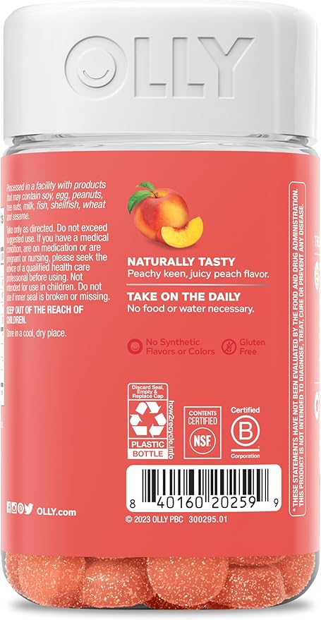 OLLY Probiotic + Prebiotic Gummy Digestive Support and Gut Health 500 Million CFUs Fiber Adult Chewable Supplement for Men and Women Peach 60 Day Supply - 60 Count