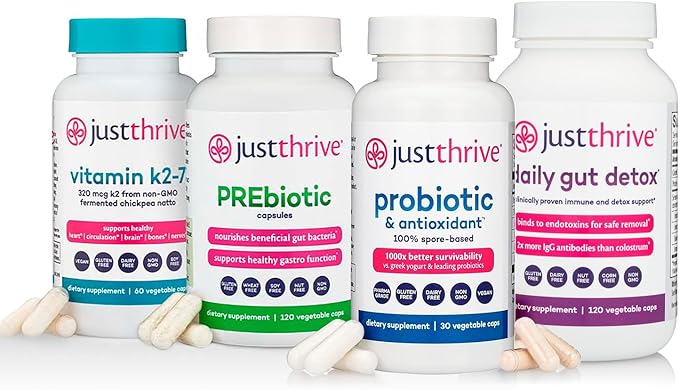 Just Thrive Core Health Complete Capsules Bundle – Probiotic PREbiotic Daily Gut Detox and Vitamin K2-7– Advanced Digestive Detox and Circulatory Support for Complete Body Wellness