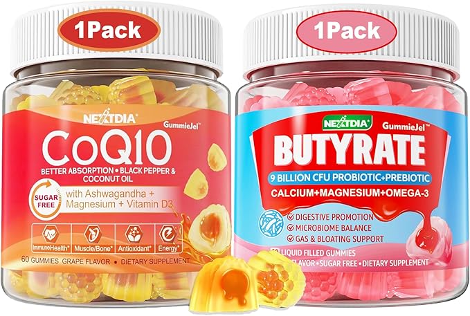 Sugar-Free CoQ10 Filled Gummies + Butyrate Gummies with Probiotic + Prebiotic + Postbiotic