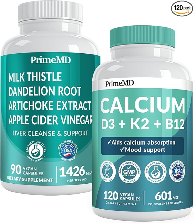 Calcium D3 K2 B12 (1pk) and Liver Support (1pk) Supplement Bundle - Potent Vitamins for Bone Heart Liver Function &amp Immune Support - Non-GMO Vegan Gluten-Free