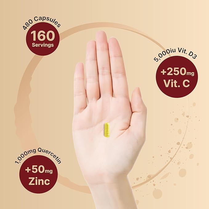 NatureBell Zinc Quercetin with Vitamin C &amp D3 480 Capsules (2 Pack) | Quercetin 1000mg + Zinc 50mg + Vitamin C 250mg + Vitamin D3 5000 IU | 4-in-1 Advanced Immune &amp Lung Support | ZincVanta