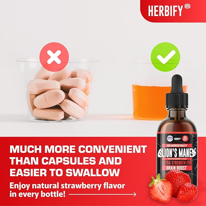 HERBIFY Lions Mane Supplement - Daily Mushroom Supplement for Memory Focus &amp Clarity - Brain Booster - Lions Mane Tincture for Immune Support - 4 Fl oz Strawberry Flavor