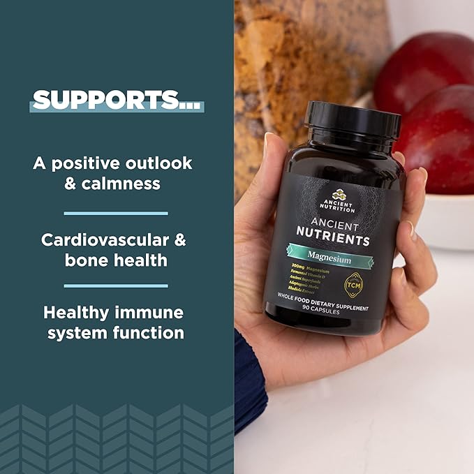 Magnesium Supplement by Ancient Nutrition Magnesium 300mg with Vitamin D for Immune Support Adaptogenic Herbs Enzyme Activated Paleo &amp Keto Friendly 90 Capsules