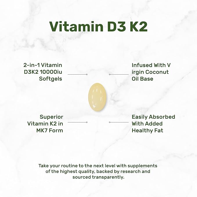 DEAL SUPPLEMENT Vitamin D3 10000 IU + K2 MK7 200mcg Softgels 250 Count | 2-in-1 Complex with Virgin Coconut Oil | Easy to Swallow