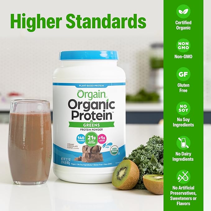 Orgain Organic Vegan Protein Powder + Greens Creamy Chocolate Fudge - 21g Plant Based Protein Gluten Free Dairy &amp Lactose Free Soy Free No Sugar Added Iron &amp Prebiotics for Gut Health -