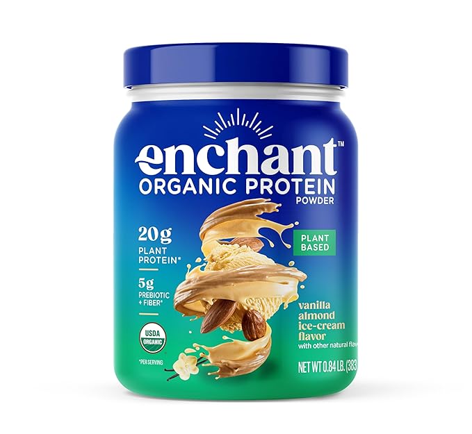 Enchant Organic Protein Powder Vanilla Almond flavor – 20g Plant Protein sourced from North American Farms 5g Prebiotic + fiber USDA Organic Non-GMO Plant-based Non-Dairy Vegan 0.84 lb