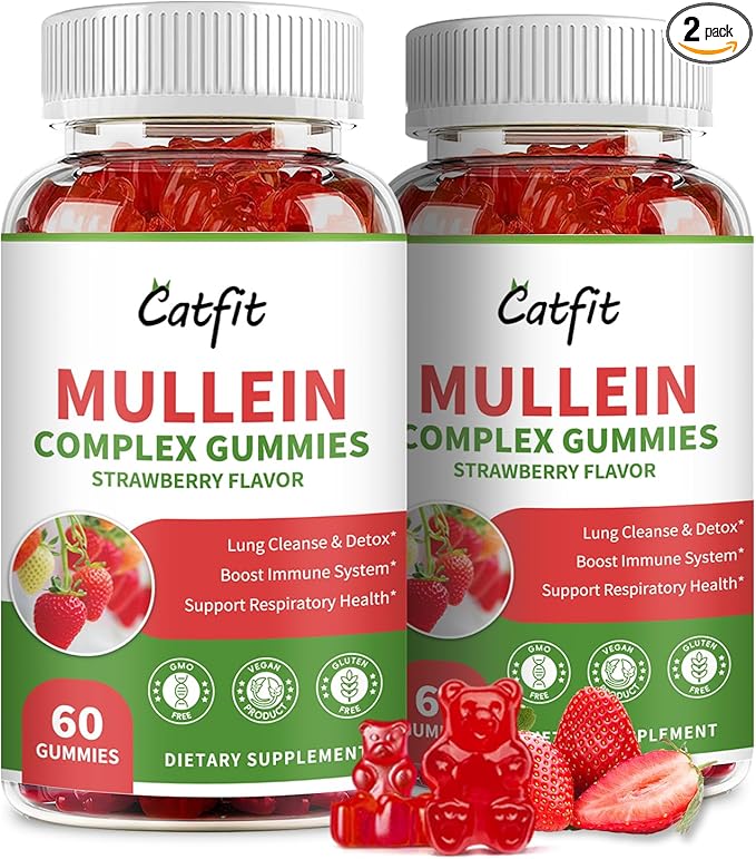 Catfit Mullein Gummies for Lungs Detox &ampLymphatic DrainageMullein Leaf ExtractQuercetin&ampElderberry for Respiratory &amp Immune SupportVegan Strawberry Flavor 120 Gummies