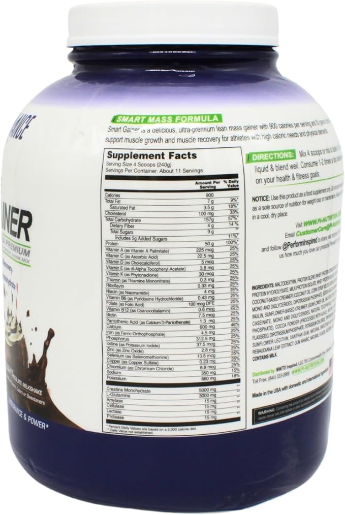 Performance Inspired Nutrition Smart Mass Gainer – 50G Protein 900 Calories Creatine L-Glutamine &amp Digestive Enzymes – Muscle Recovery &amp Growth – Chocolate Milkshake – 6 lb