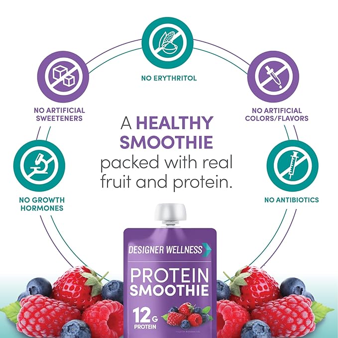 Designer Wellness Protein Smoothie Real Fruit 12g Protein Low Carb Zero Added Sugar Gluten-Free Non-GMO No Artificial Colors or Flavors Mixed Berry 12 Count