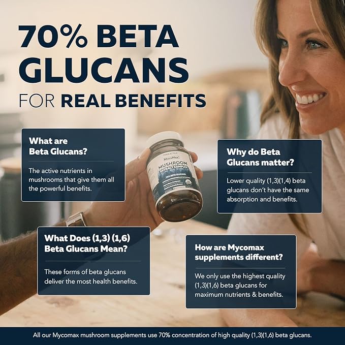 MycoMax Mushroom Complex - 70% Beta Glucans Max Potency Mushroom Supplement US Grown + Ultrasonic Extraction - Lions Mane Cordyceps Reishi &amp More - Cognition Immunity Energy - 60 capsules