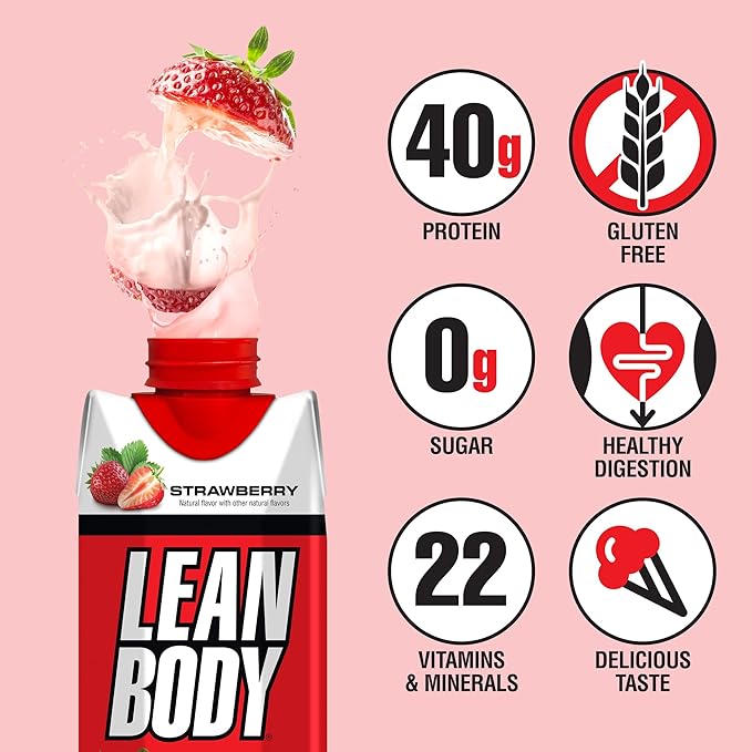 Labrada Lean Body Ready-to-Drink Strawberry Protein Shake 40g Protein Whey Blend 0 Sugar Gluten Free 22 Vitamins &amp Minerals 17 Ounce (Recyclable Carton &amp Lid - Pack of 12) LABRADA