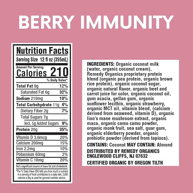 Remedy Organics Berry Immunity 12-Pack | Plant Based 20g Protein Shakes Ready to Drink | USDA Organic Gluten Free Dairy Free Soy Free
